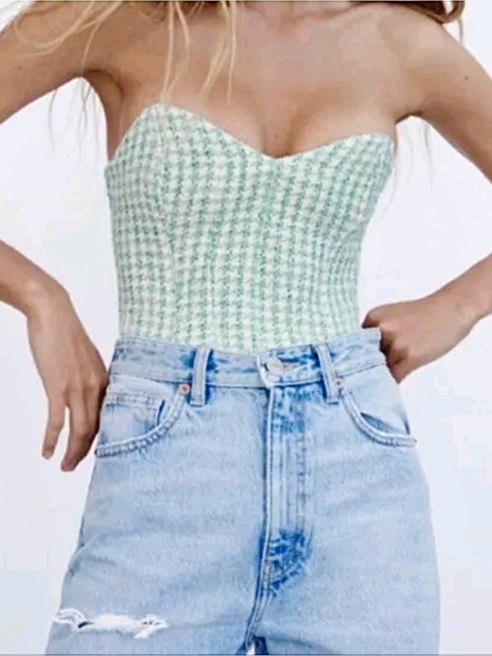 Zara Houndstooth Structured Bustier Corset Crop Top